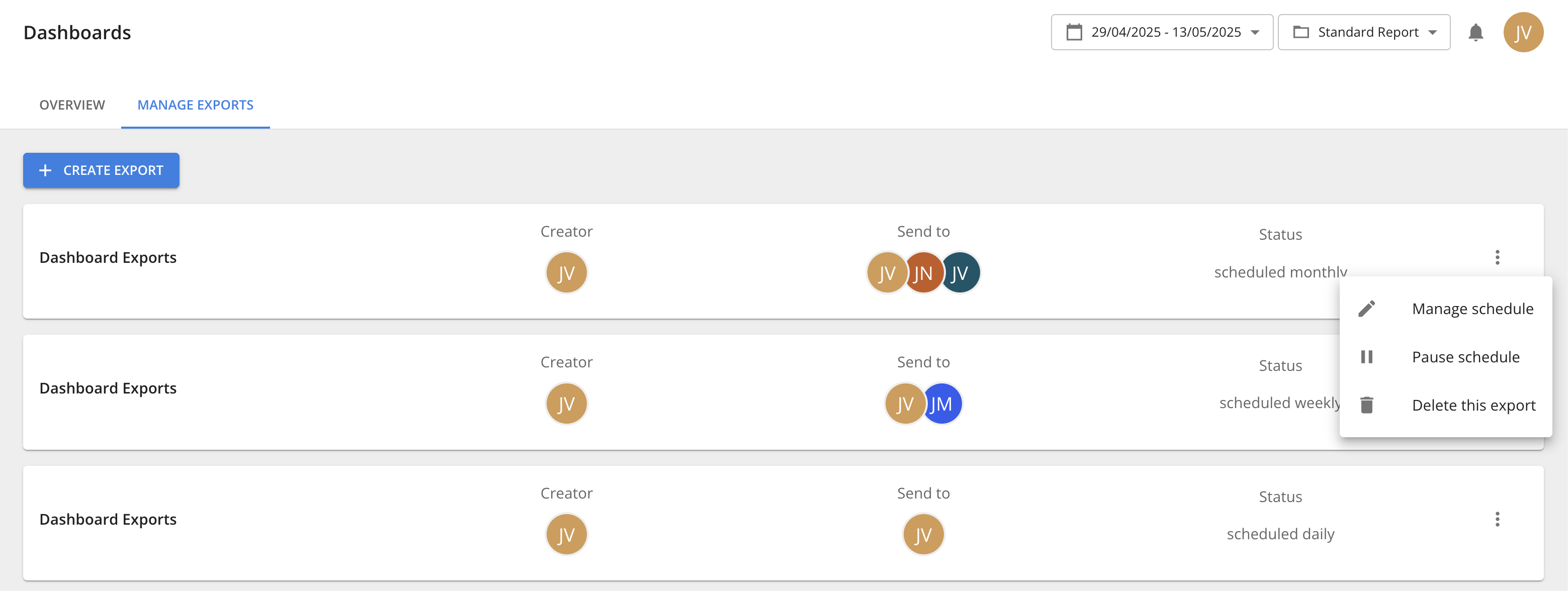 Set up a one-off dashboard export
