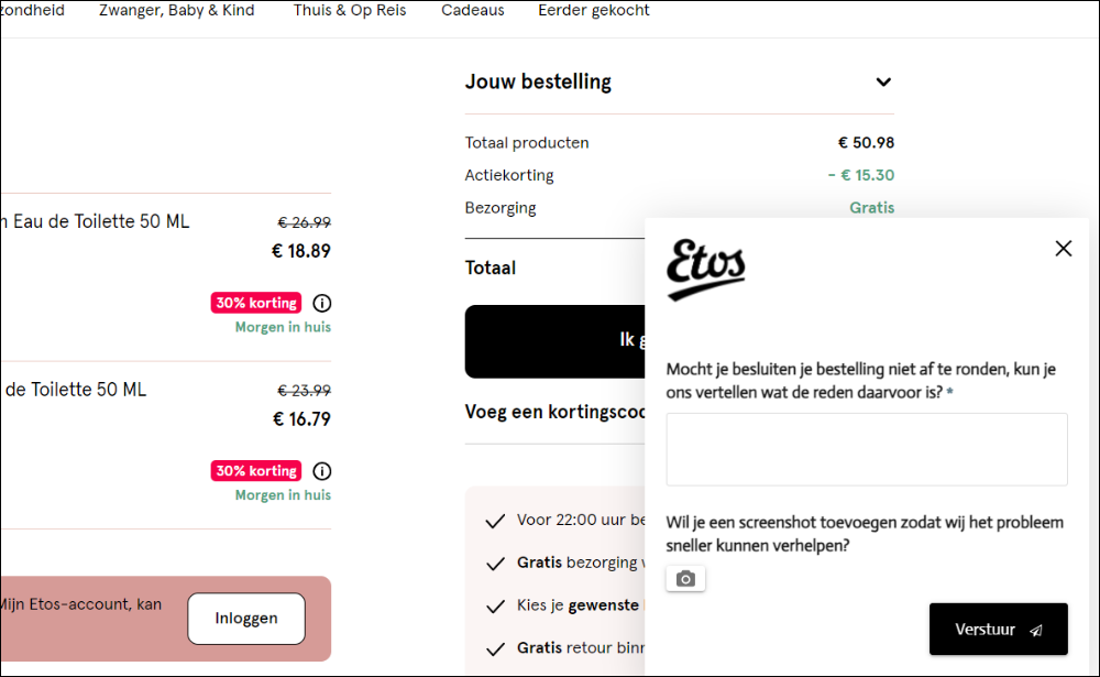 Example of an exit-intent feedback form from Etos