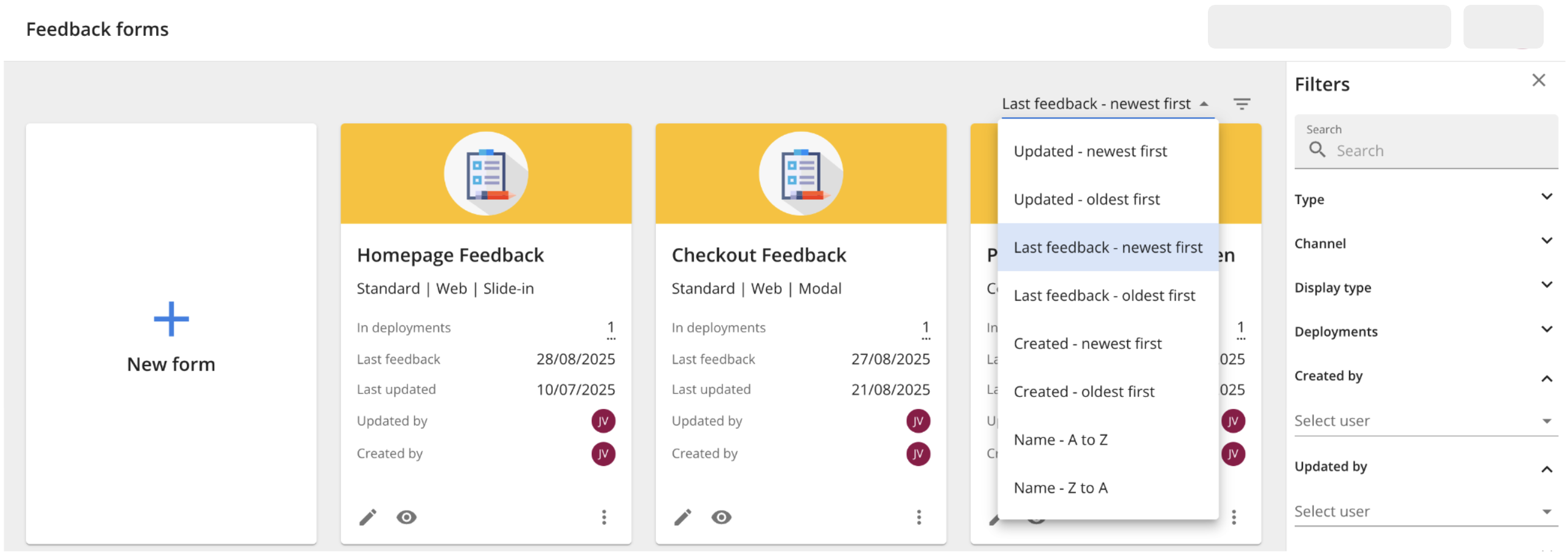 New sorting and filters on form overview