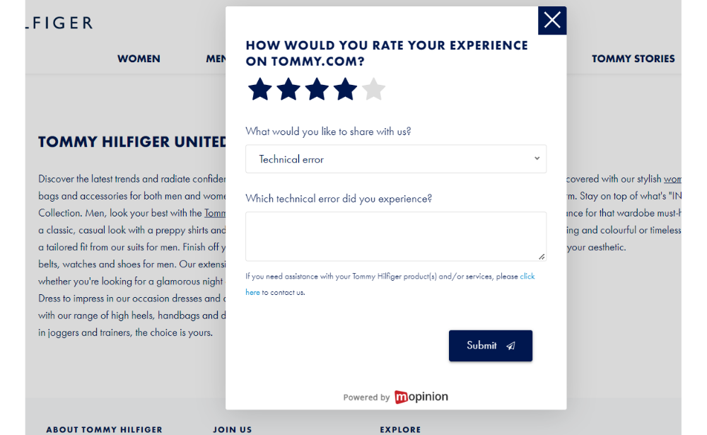 Mopinion: The Best Feedback Form Templates for Your Website - Tommy Hilfiger example